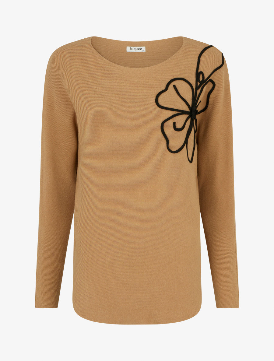 Pull uni à broderie fleur - Camel - 1