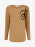 Pull uni à broderie fleur - Camel - 1