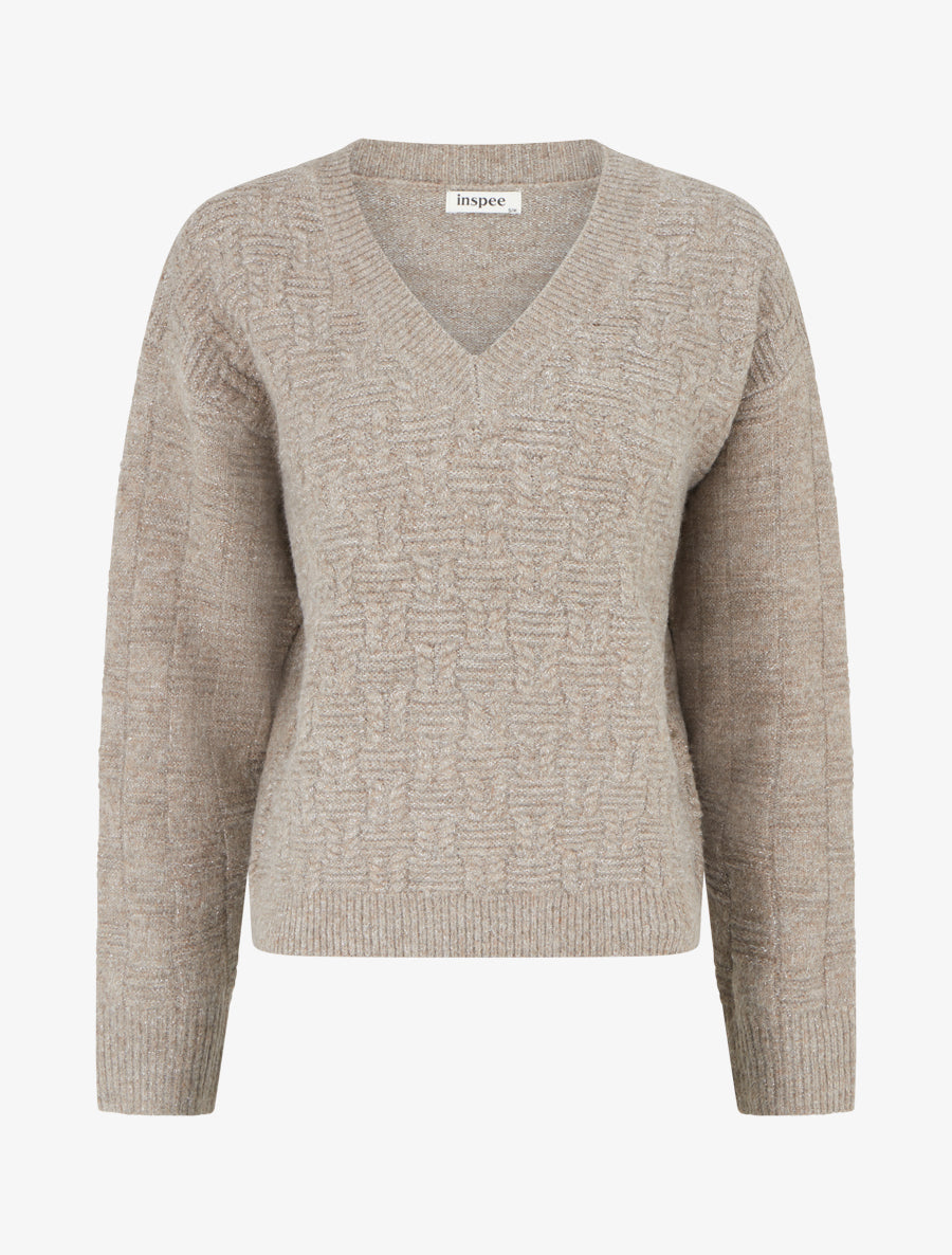 Pull droit irisé à col V - Taupe - 1