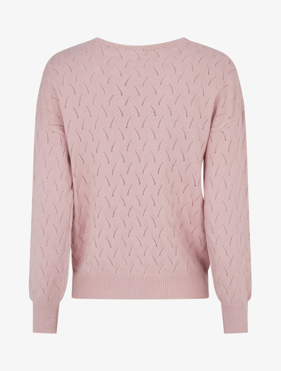 Pull uni à col V et détail ajouré - Rose - 2