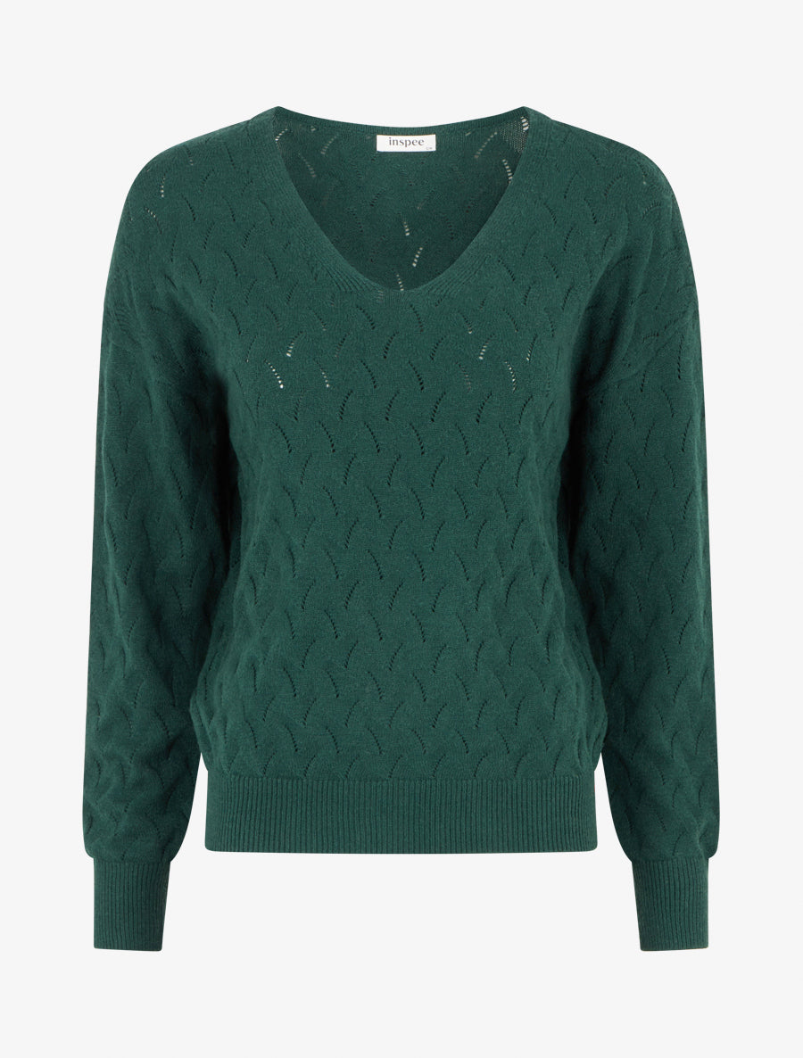 Pull uni à col V et détail ajouré - Vert sapin - 1