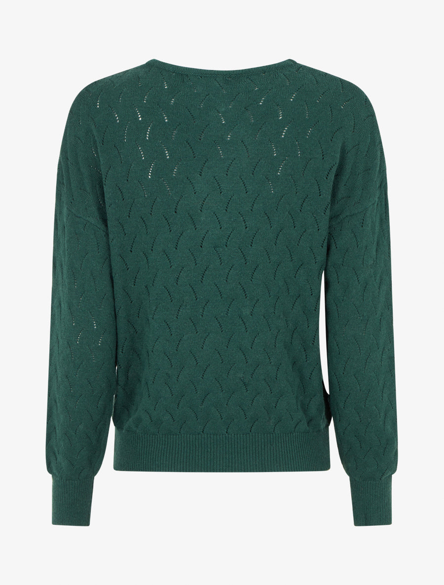 Pull uni à col V et détail ajouré - Vert sapin - 2