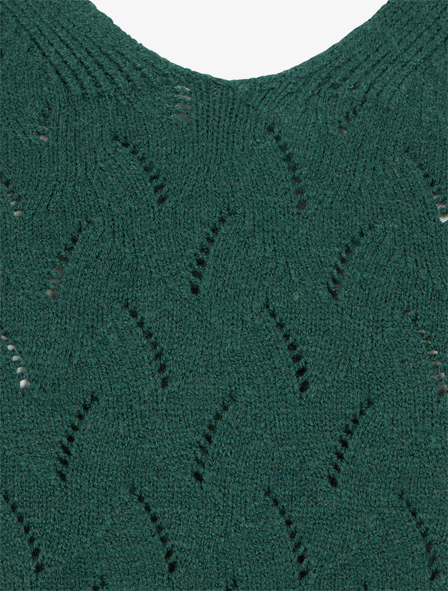 Pull uni à col V et détail ajouré - Vert sapin - 3