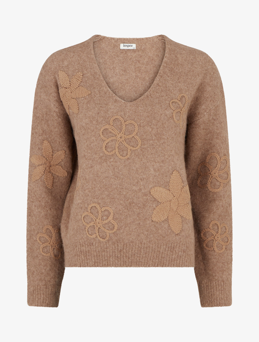 Pull duveteux à fleurs brodées - Camel - 1