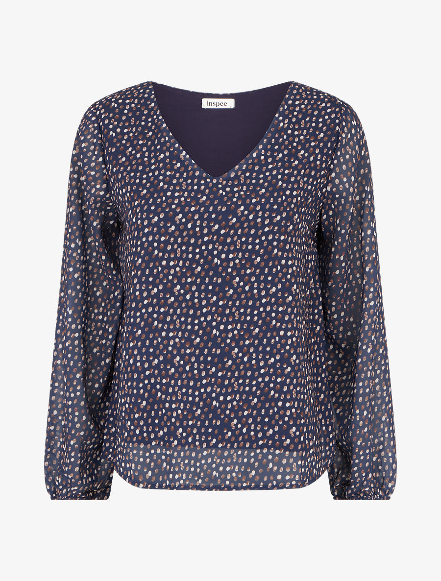 Blouse imprimé fantaisie à manches longues - Marine - 1