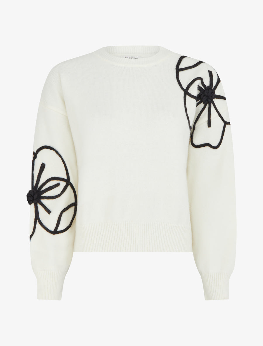 Pull en maille à manches à fleurs - Écru - 1