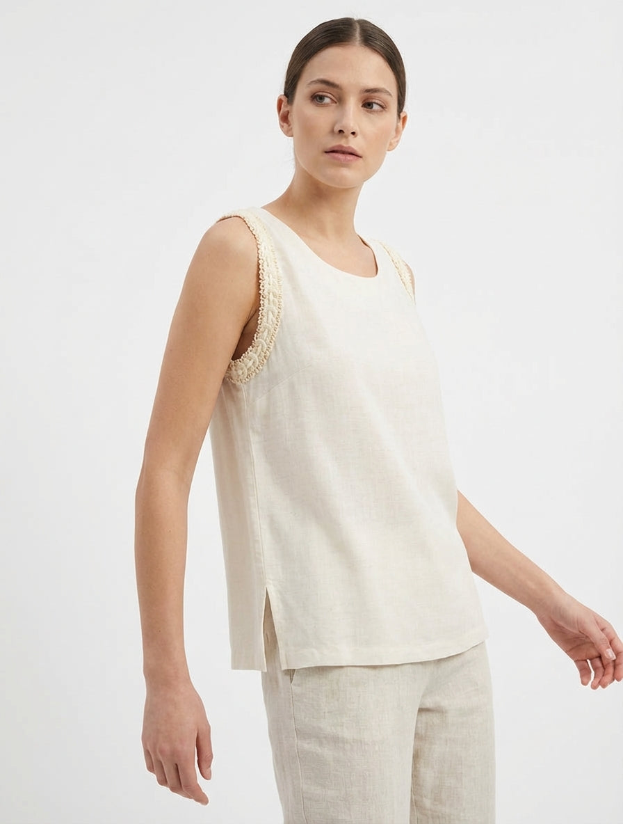 Top fluide uni sans manches - Crème