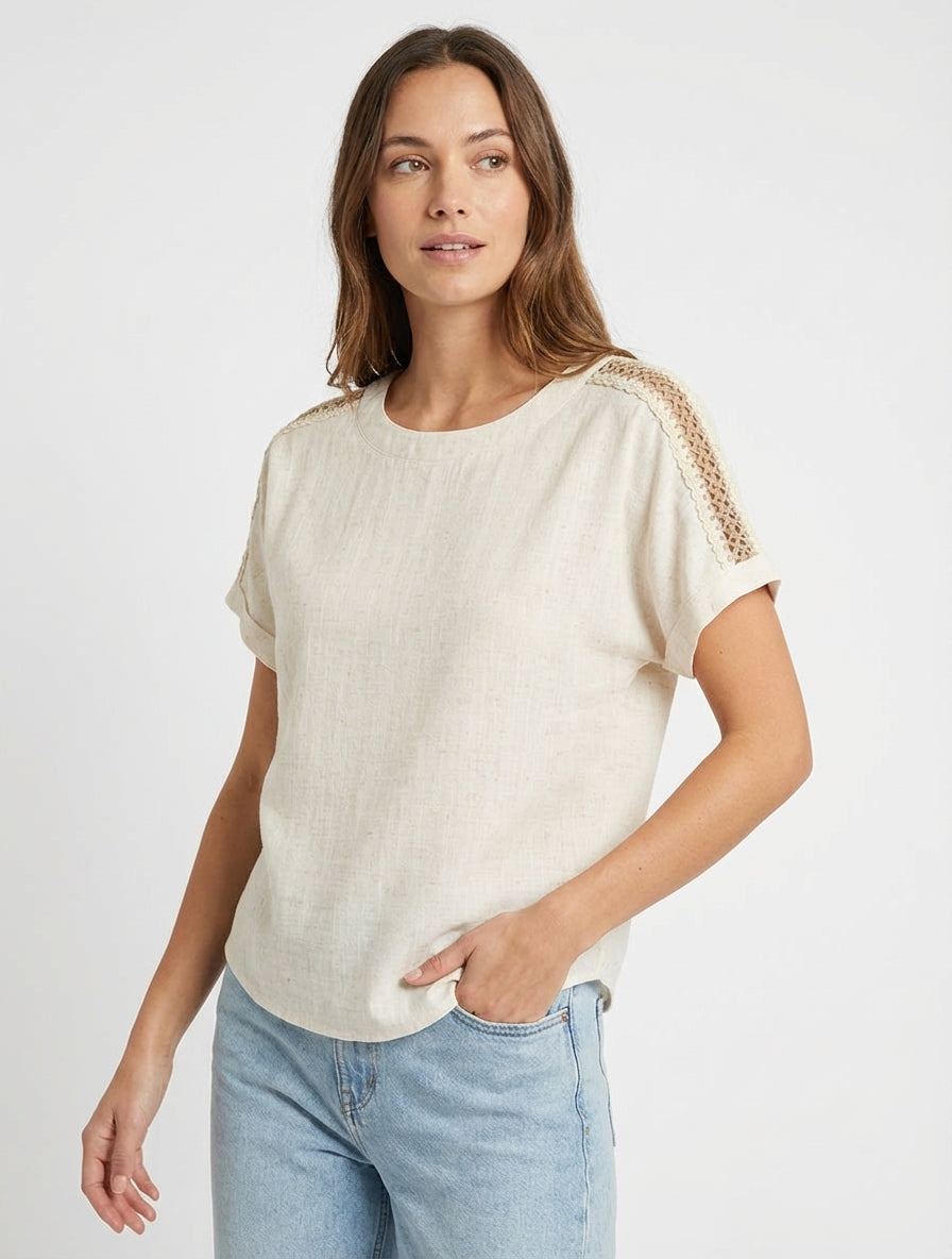 Top manches courtes à broderies ajourés - Crème