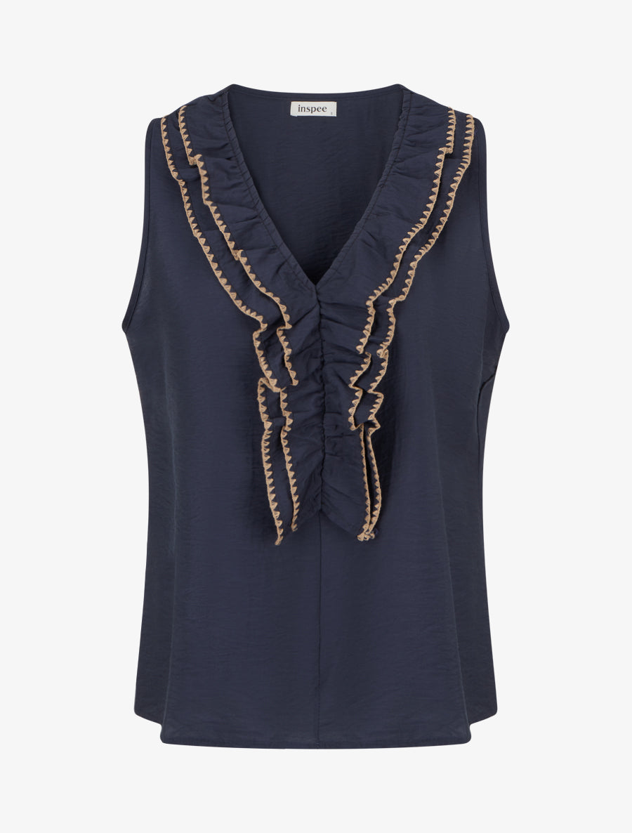 Top sans manches à col V volanté - Marine - 1