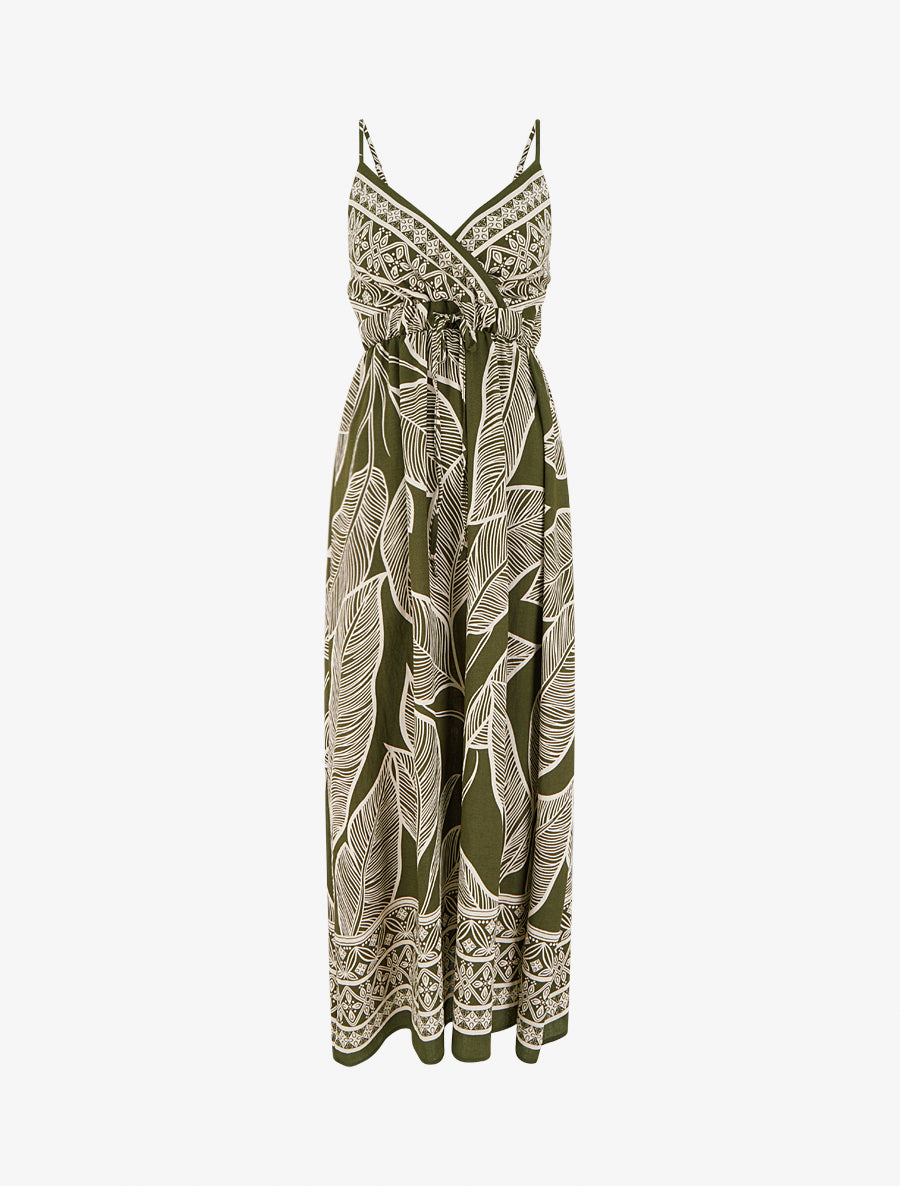 Robe longue imprimé feuilles stylisées - Kaki - 1