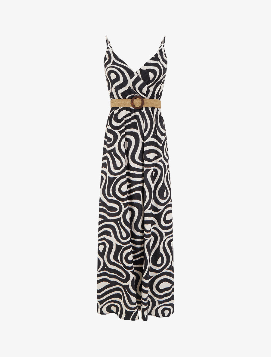 Robe longue évasée imprimé courbes fantaisies - Noir - 1