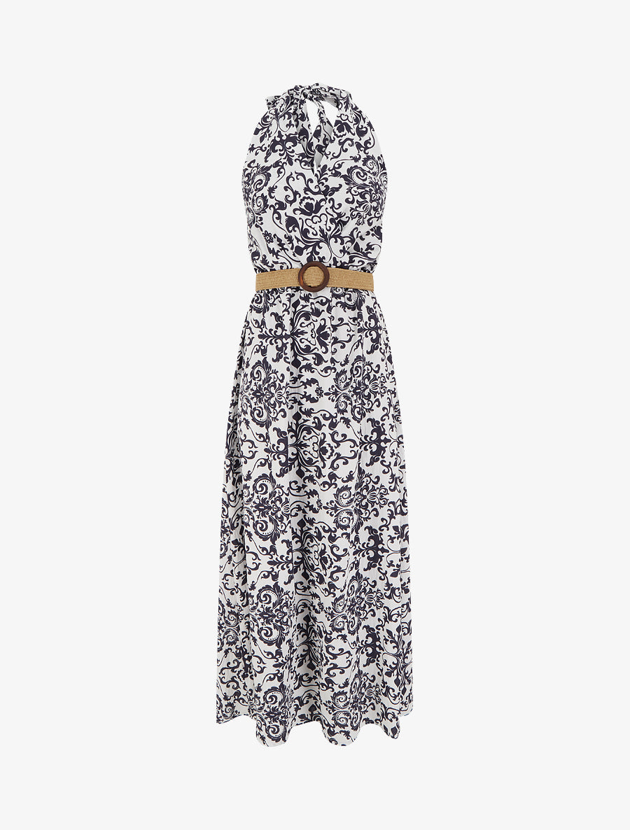 Robe longue dos nu à imprimé arabesque - Marine - 1