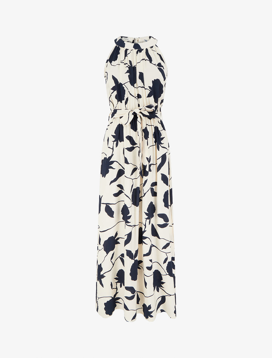 Robe longue élastiquée imprimé floral - Marine - 1