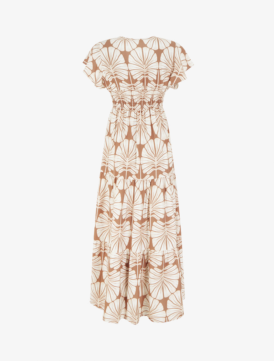 Robe longue manches courtes imprimé grandes feuilles - Camel - 2