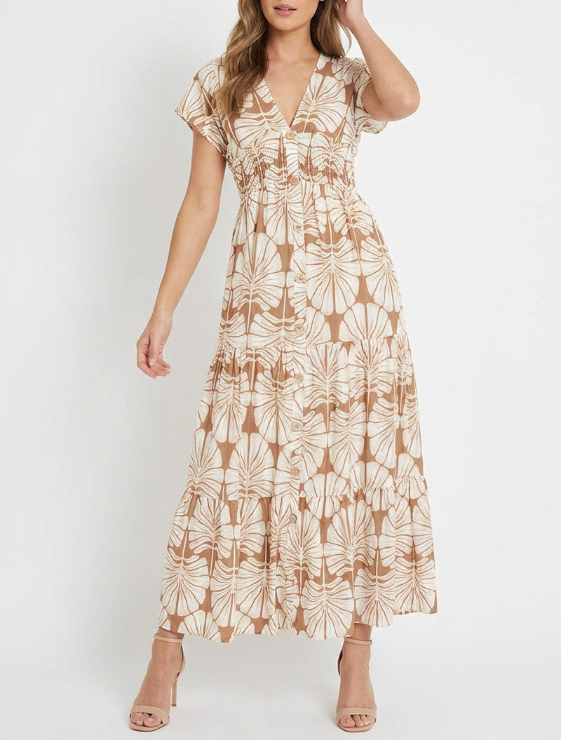 Robe longue manches courtes imprimé grandes feuilles - Camel