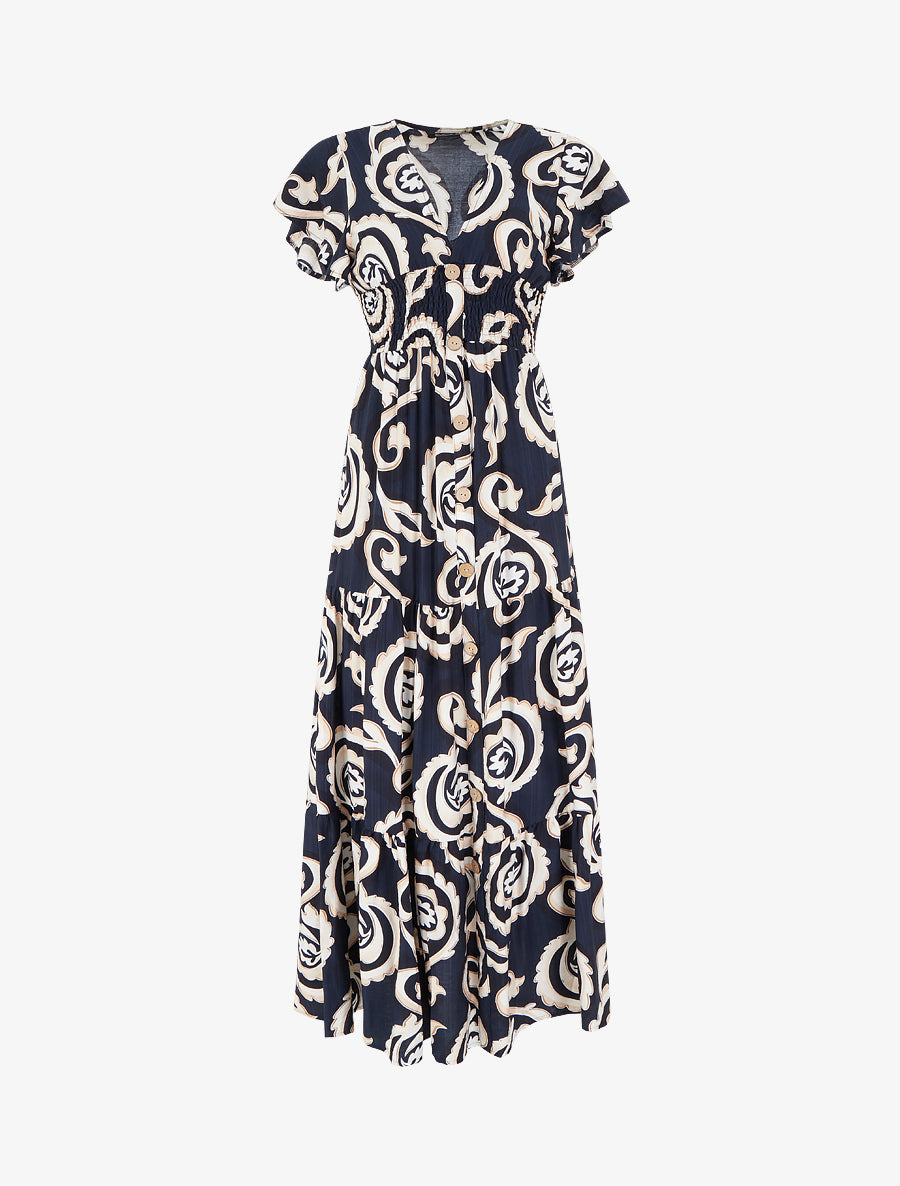 Robe longue manches courtes imprimé cachemire stylisé - Marine - 1