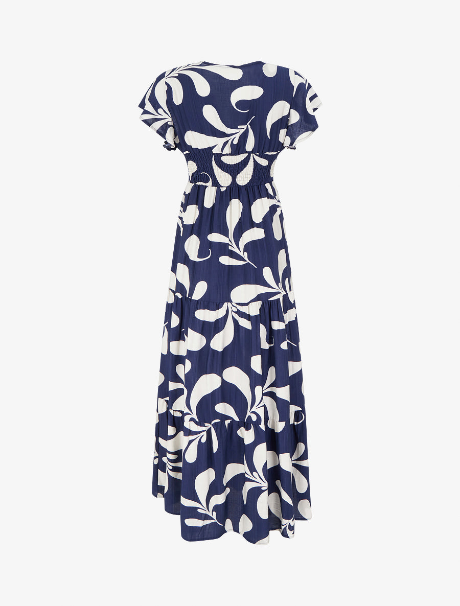 Robe longue manches courtes imprimé plantes stylisées - Marine - 2