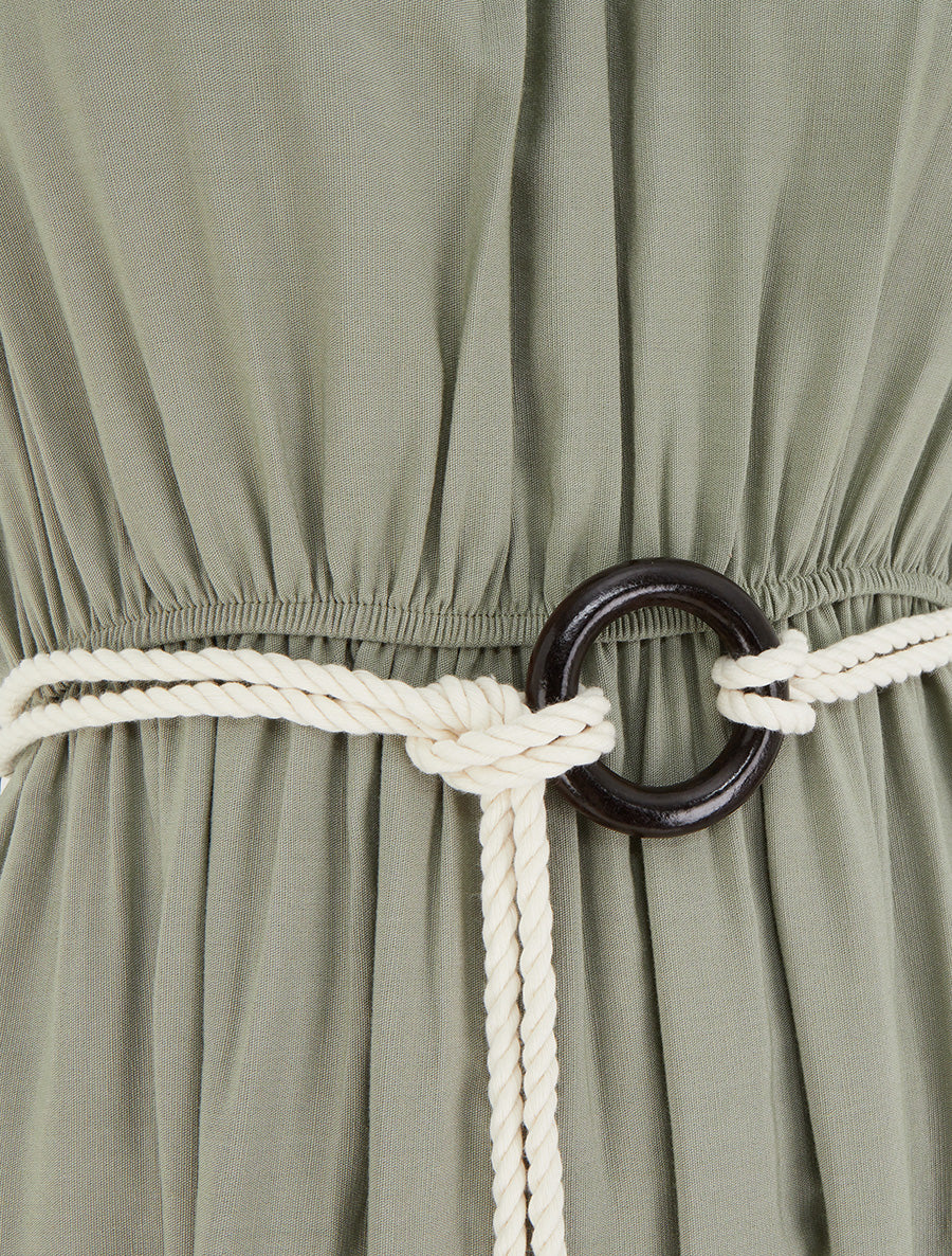 Robe longue unie à col rond stylisé - Kaki - 3