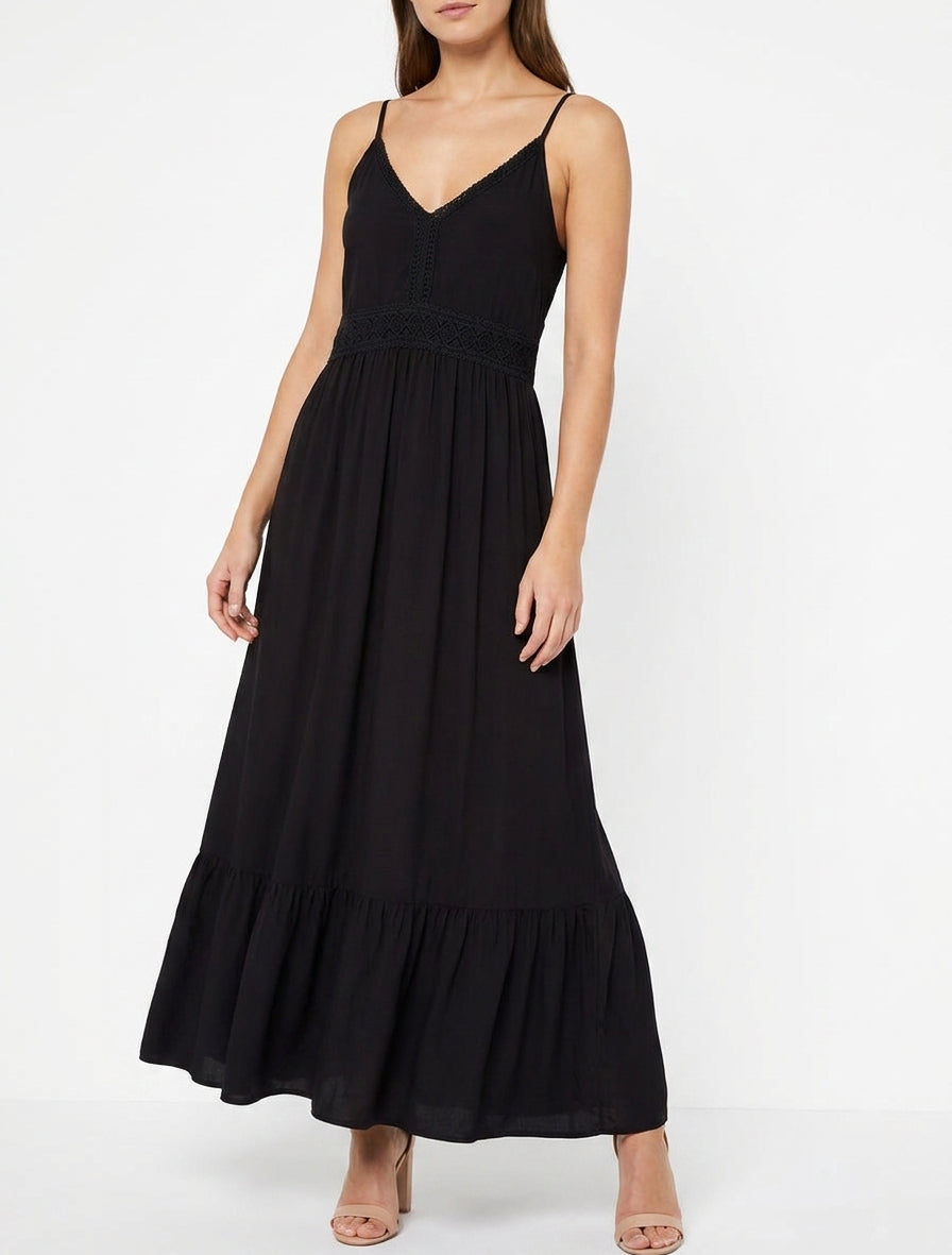Robe longue unie à taille en dentelle - Noir