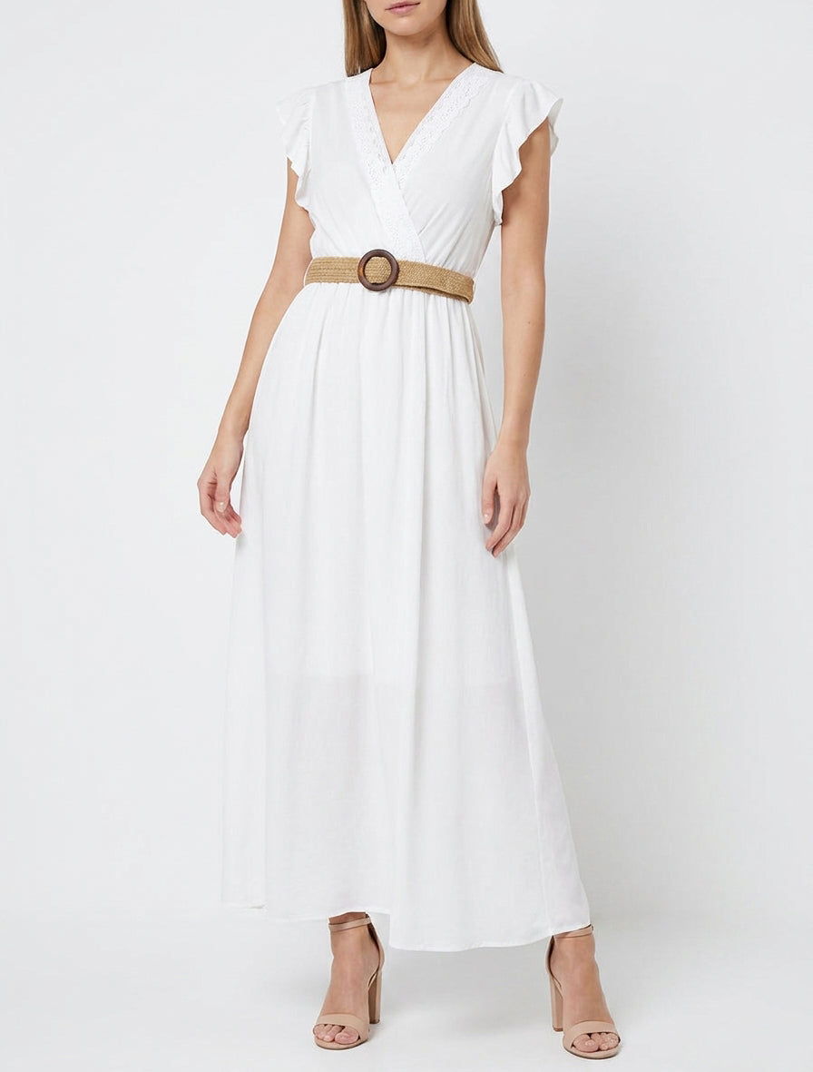 Robe longue unie à col cache-coeur - Blanc