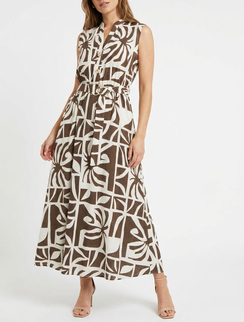 Robe longue imprimé stylisé à boutons décoratifs - Marron