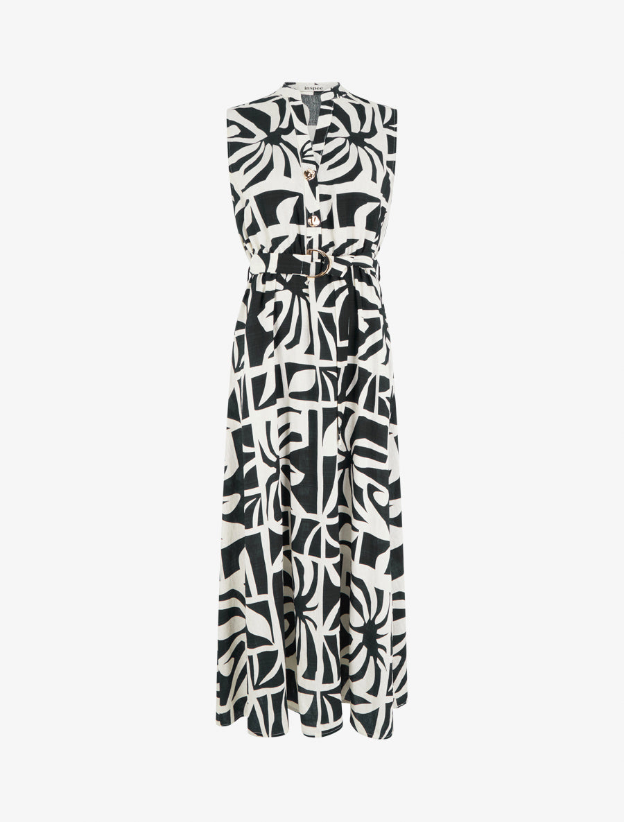 Robe longue imprimé stylisé à boutons décoratifs - Noir - 1