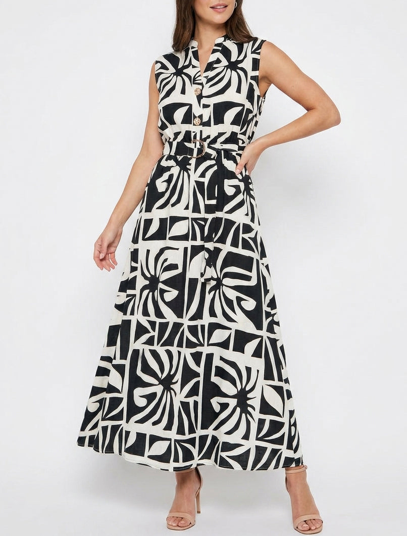 Robe longue imprimé stylisé à boutons décoratifs - Noir