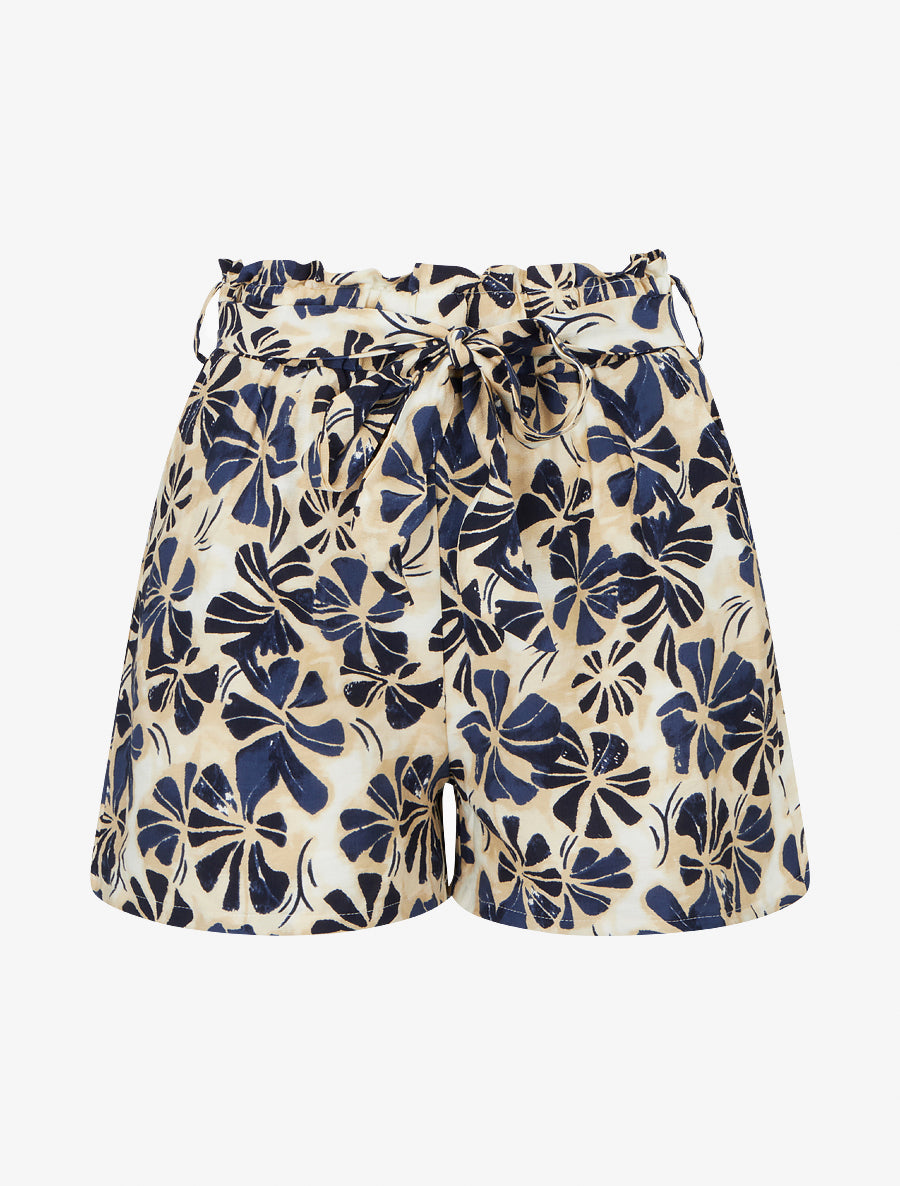 Short droit élastiqué imprimé fleuri - Marine - 1