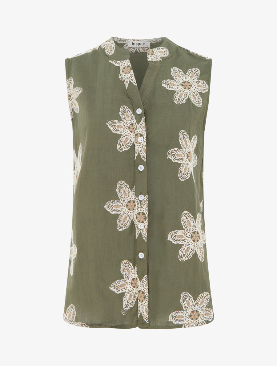 Blouse sans manches à broderies fleuries - Kaki - 1