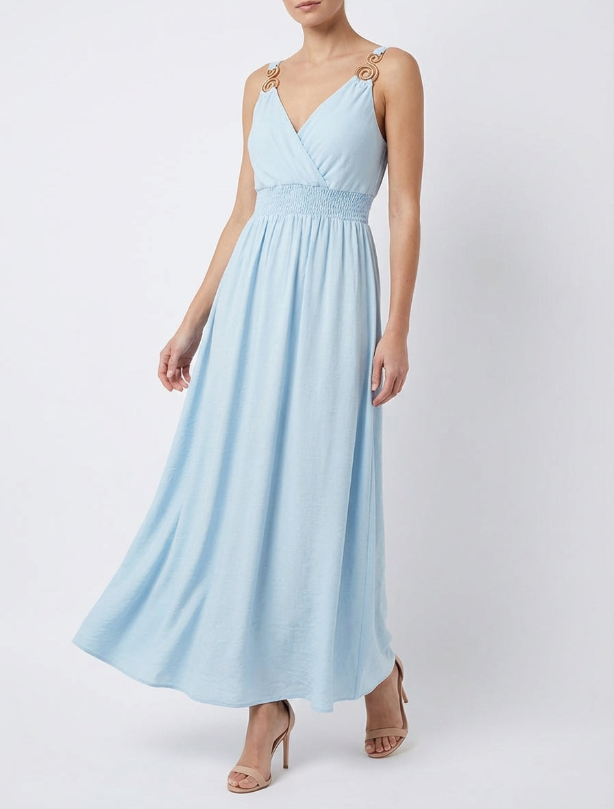 Robe longue à bretelles bijoux - Bleu ciel