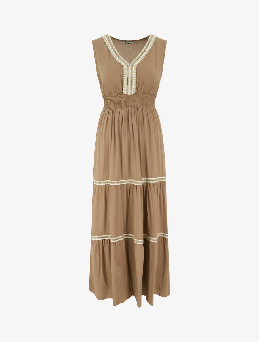 Robe évasée sans manches à col macramé - Marron clair - 1