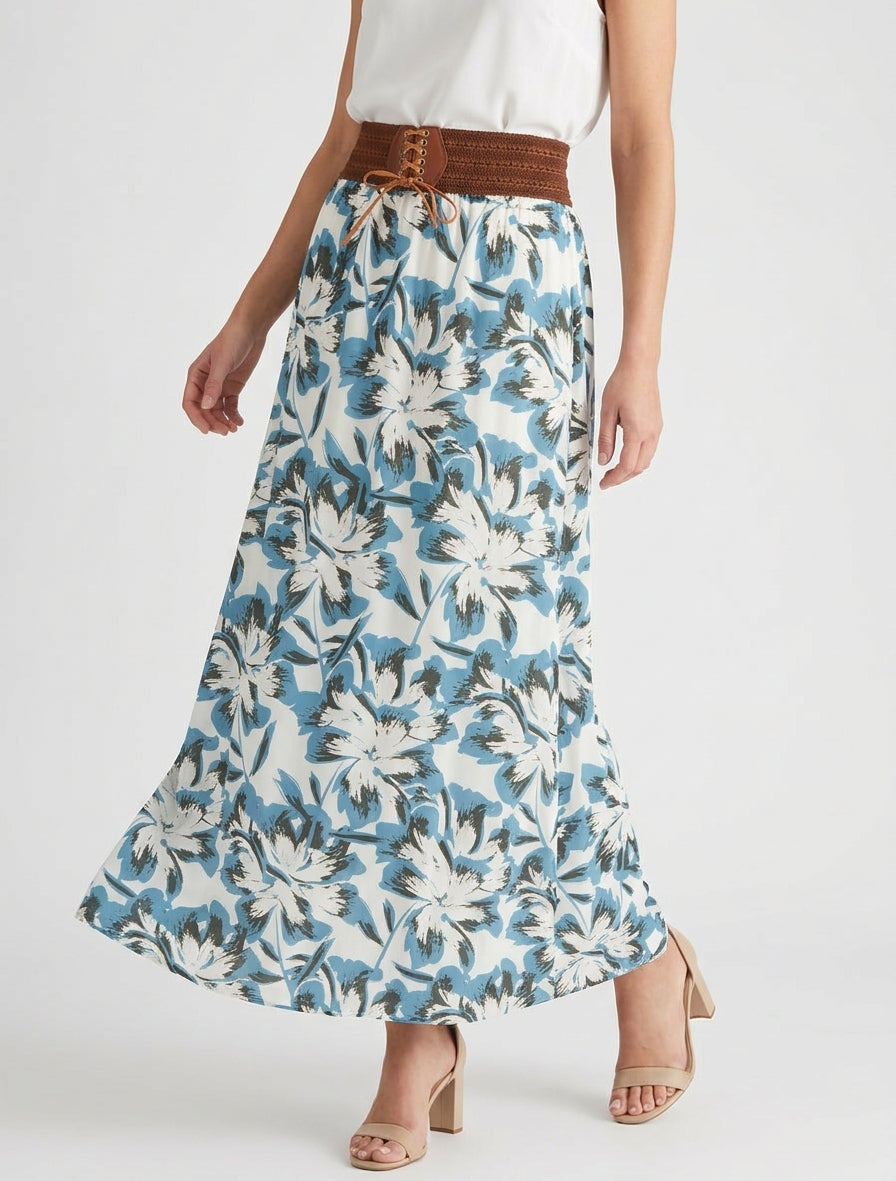 Lange rok met elastiek met bloemenprint - Lichtblauw