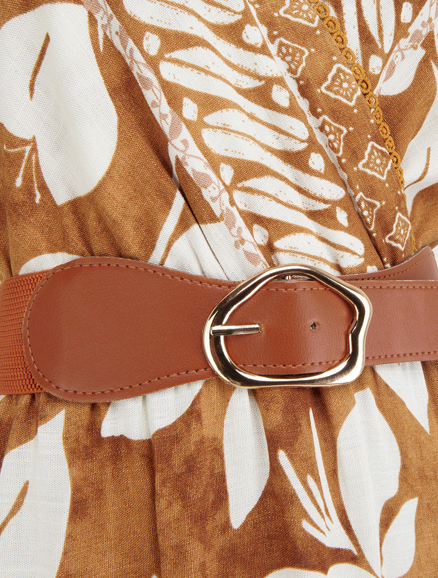 Robe imprimé fleurs tropicales à bretelles à nouer - Camel - 3