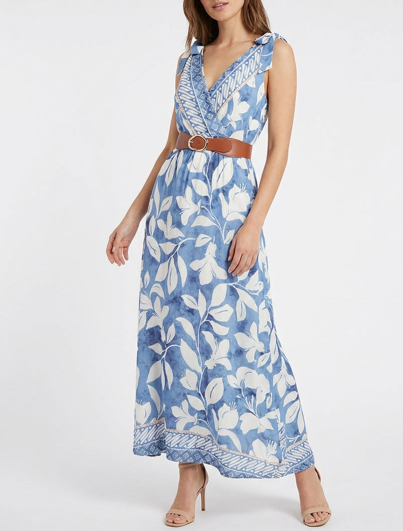 Robe imprimé fleurs tropicales à bretelles à nouer - Bleu clair