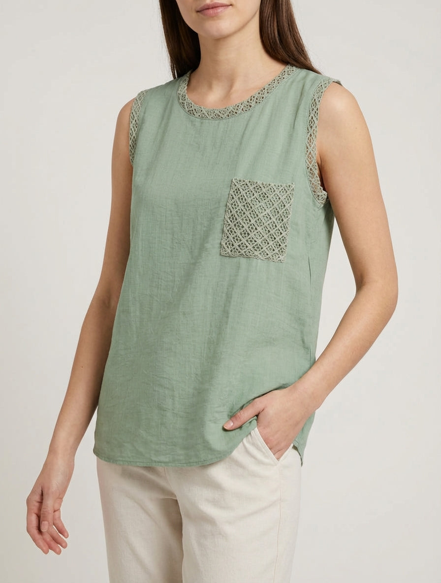 Top sans manches droit à poche en crochet - Kaki clair