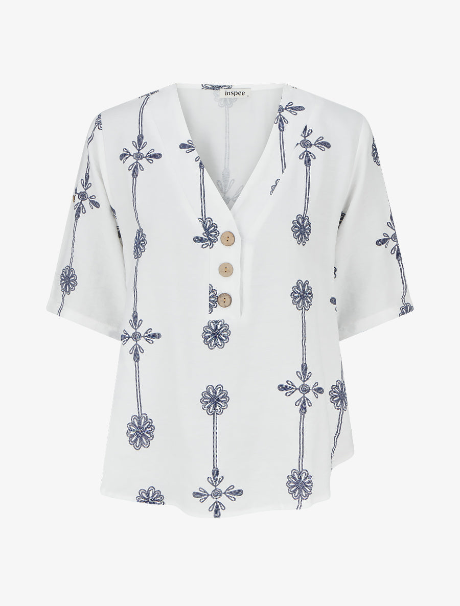 Top ample à manches courtes imprimé floral - Blanc - 1