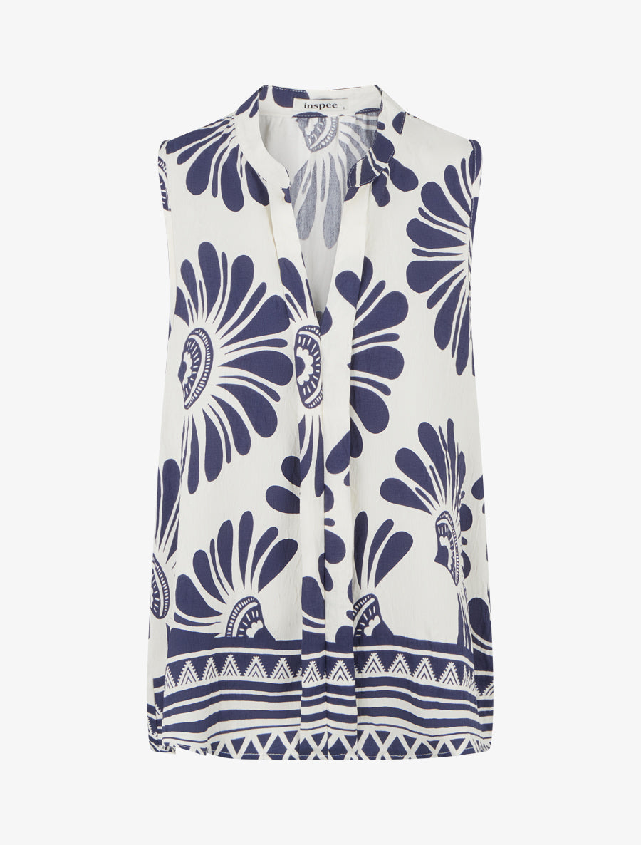 Top sans manches imprimé fleurs stylisées - Marine - 1