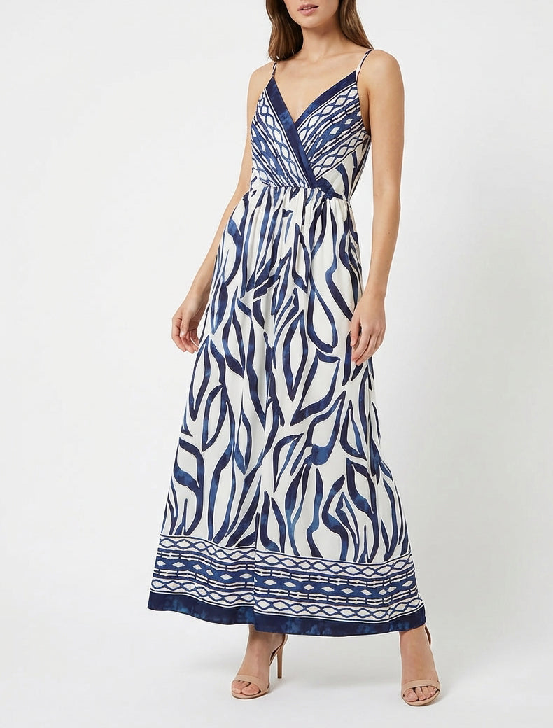 Robe longue élastiquée à imprimé fantaisie - Marine