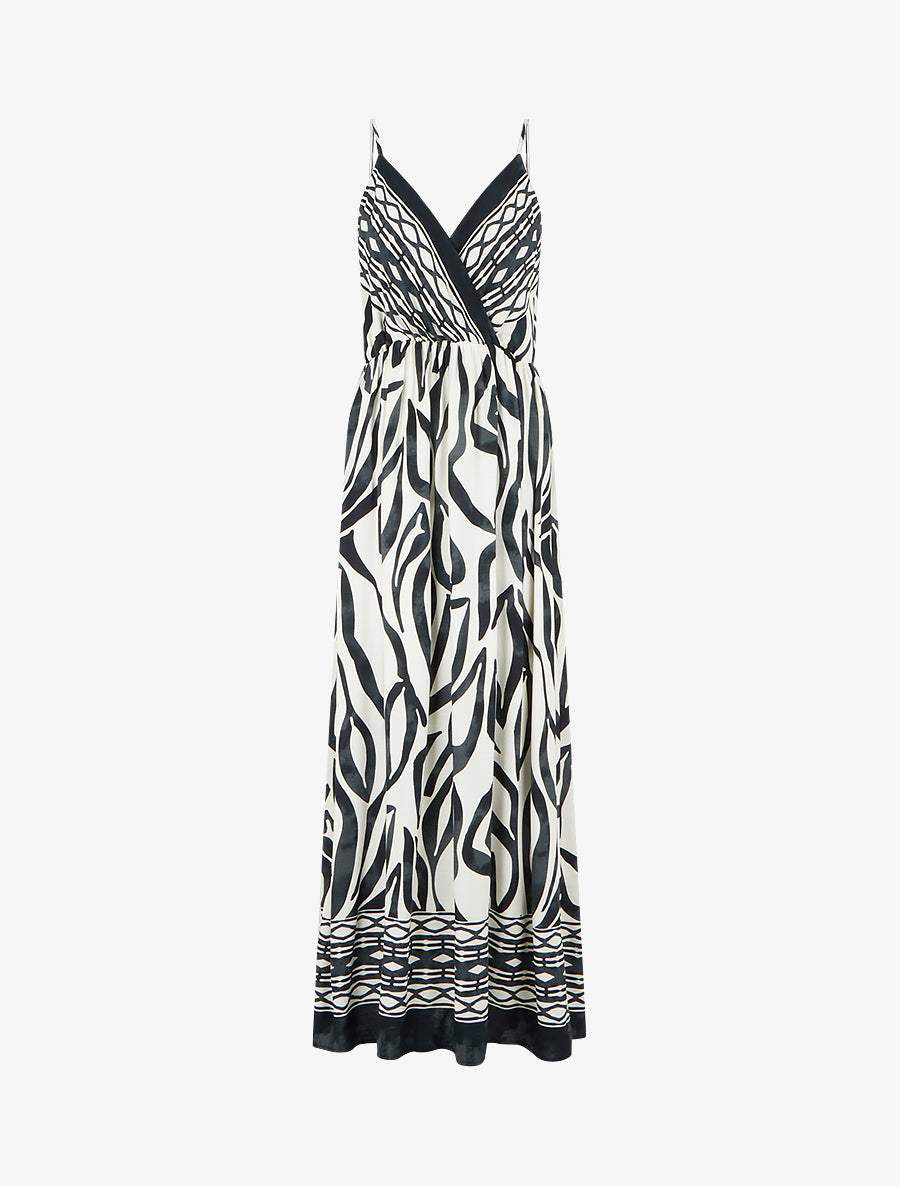 Robe longue élastiquée à imprimé fantaisie - Noir - 1