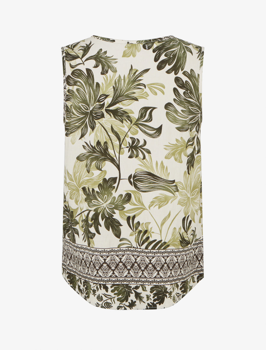 Top droit à col V et imprimé végétal - Kaki - 2