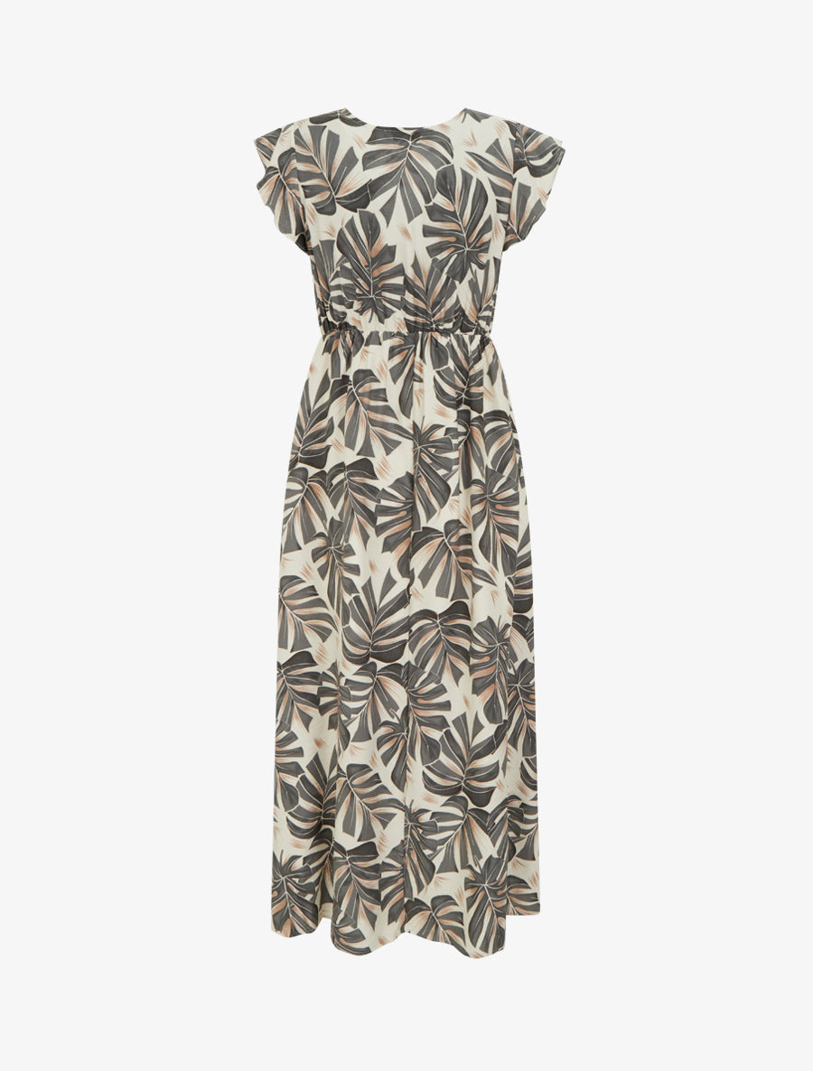 Robe longue imprimé feuilles à manches courtes - Gris - 2