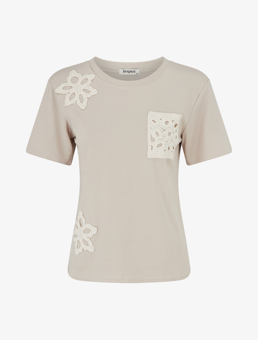 T-shirt manches courtes à poche brodée - Beige - 1
