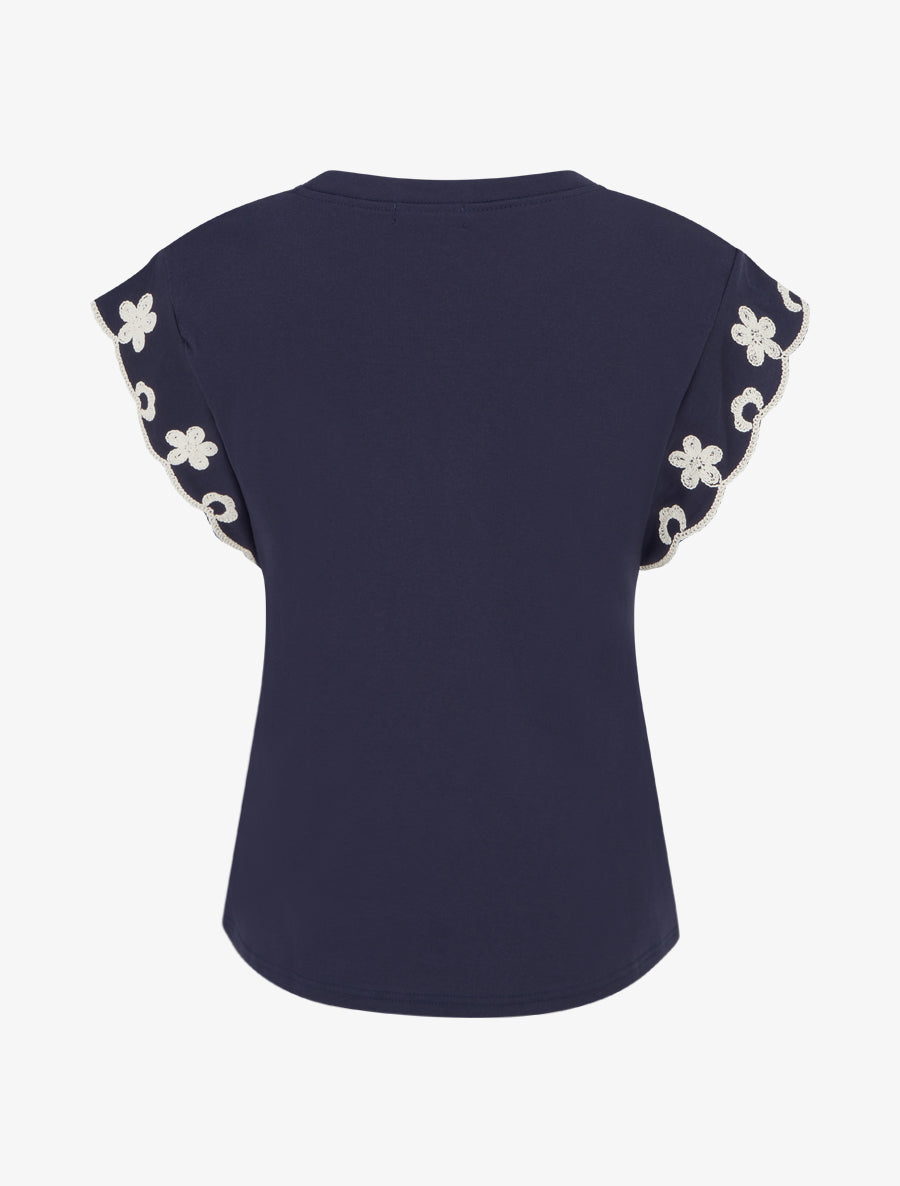 T-shirt uni à motif floral - Marine - 2