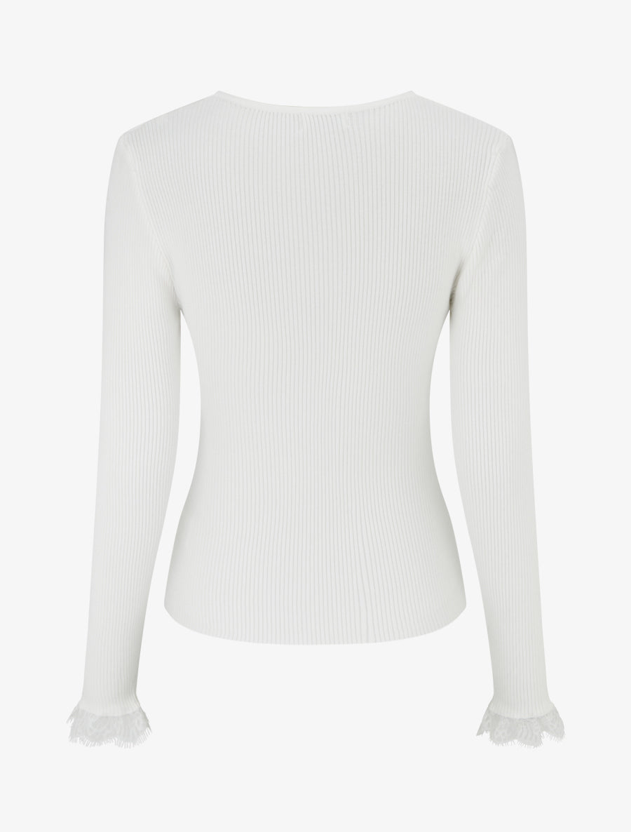 Pull ajusté à col V dentelle et boutons - Écru - 2
