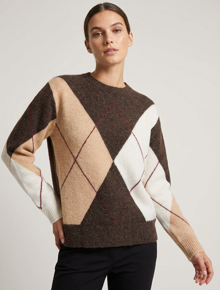 Gebreide trui met colorblock-print - Bruin