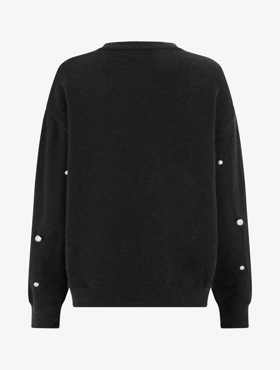 Pull uni clouté à col rond - Noir - 2