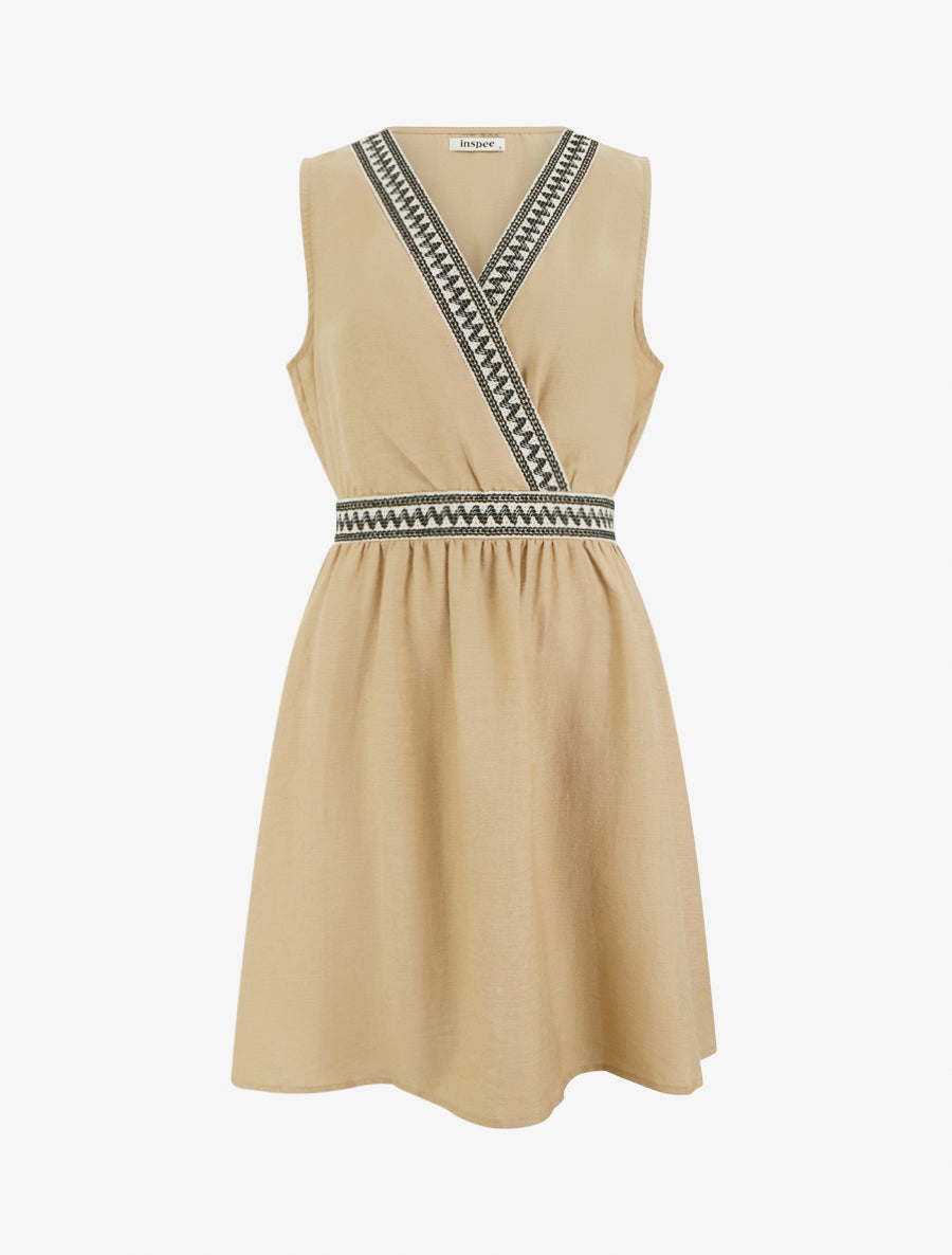 Robe mi-longue en lin à buste brodé - Taupe - 1
