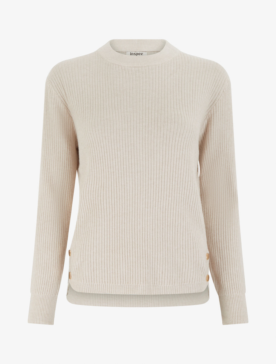 Pull côtelé à empiècement boutons décoratifs - Beige - 1
