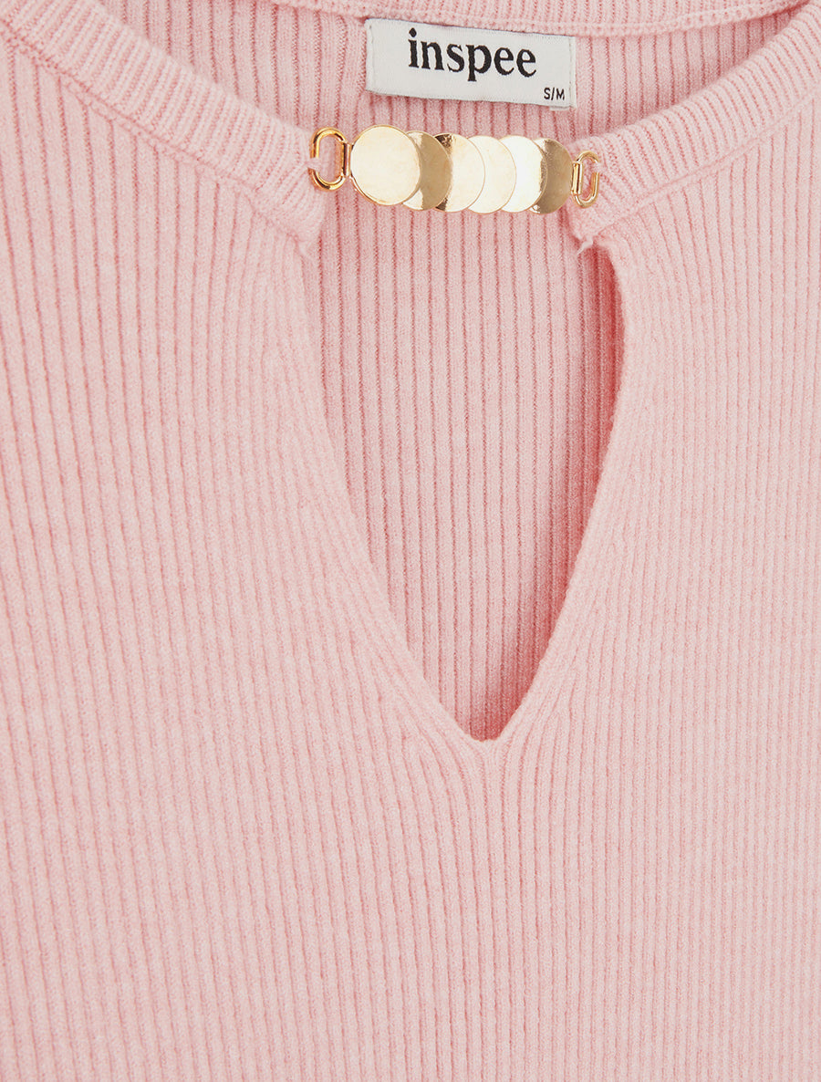 Pull côtelé à empiècement bijou - Rose - 3