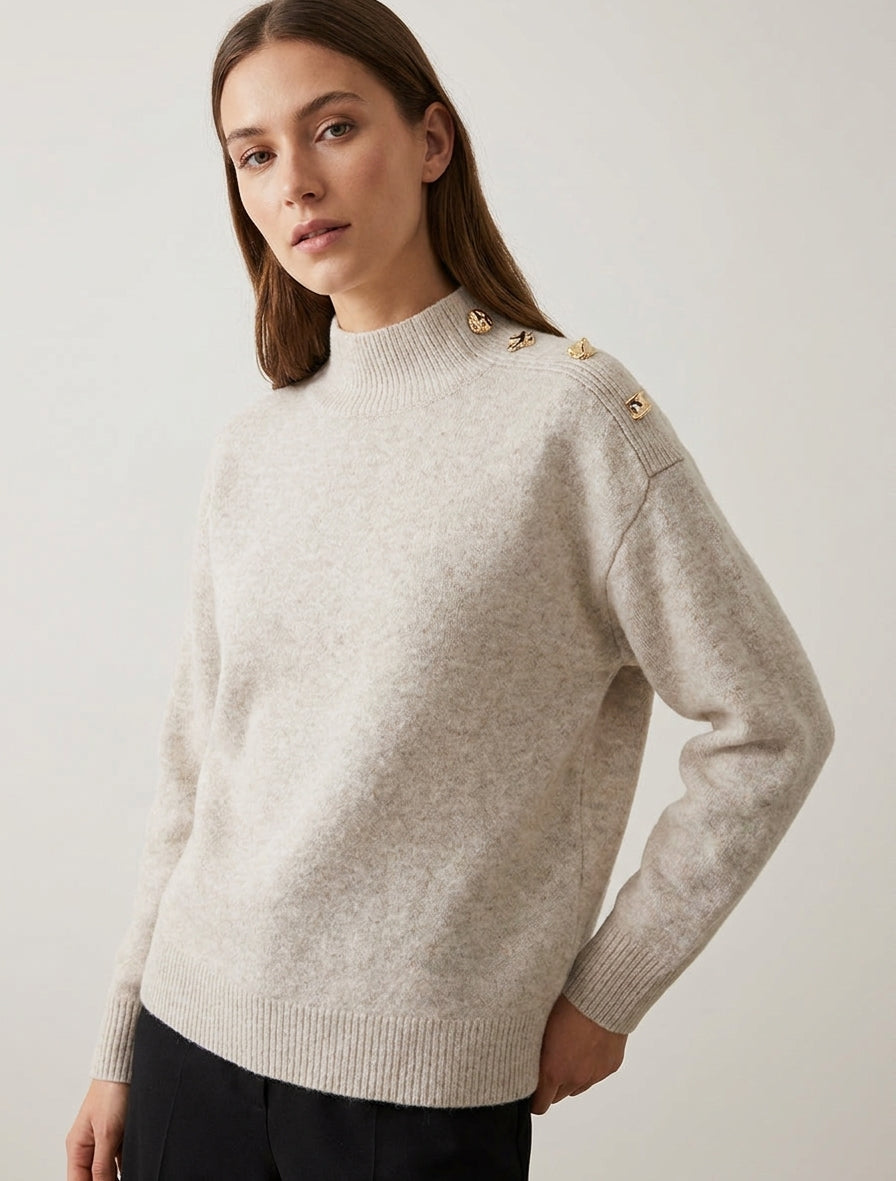 Pull en laine mélangée à boutons fantaisies - Beige